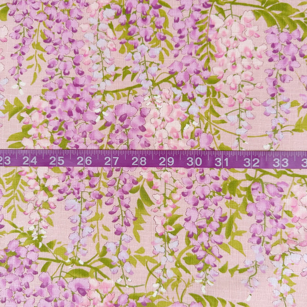 Scale of Wisteria Cotton Dobby Fabric by Cotton Kobayashi, style KTS7191-B, featuring wisteria blossoms, in pink, imported from Japan