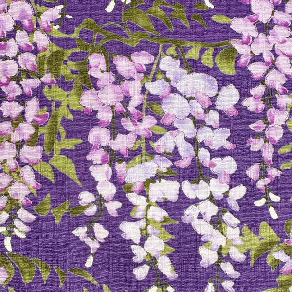 Close up of Wisteria Cotton Dobby Fabric by Cotton Kobayashi, style KTS7191-D, featuring wisteria blossoms, in purple, imported from Japan