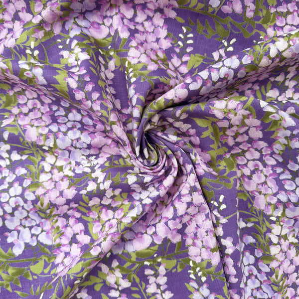 Drape of Wisteria Cotton Dobby Fabric by Cotton Kobayashi, style KTS7191-D, featuring wisteria blossoms, in purple, imported from Japan