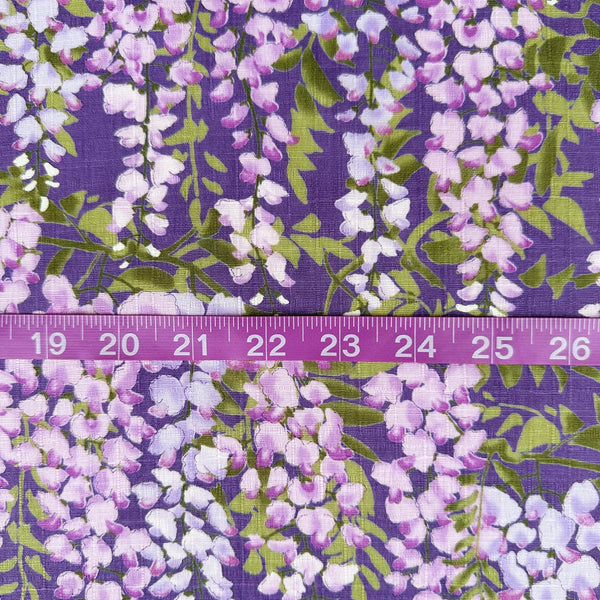 Scale of Wisteria Cotton Dobby Fabric by Cotton Kobayashi, style KTS7191-D, featuring wisteria blossoms, in purple, imported from Japan
