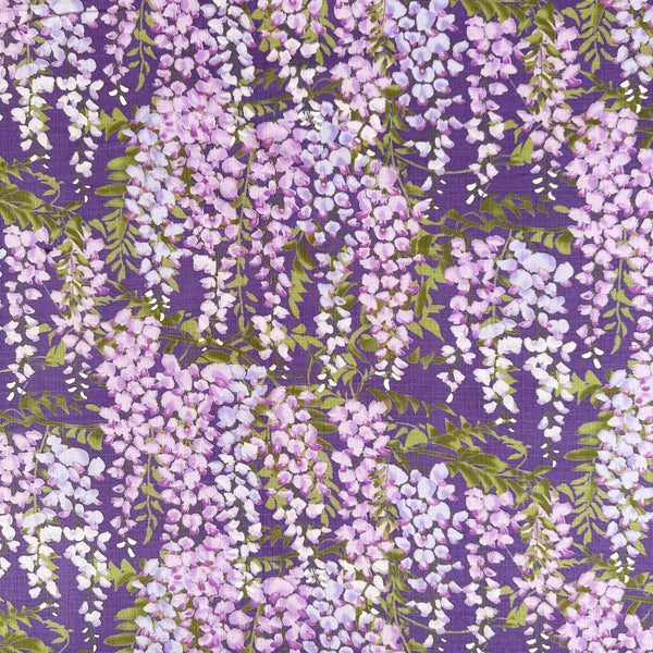 Wisteria Cotton Dobby Fabric by Cotton Kobayashi, style KTS7191-D, featuring wisteria blossoms, in purple, imported from Japan