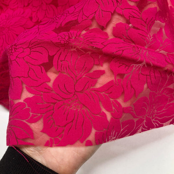 Hot Pink Polyamid Viscose Blend Floral Burnout Fabric, Italian Luxury Fashion House Deadstock