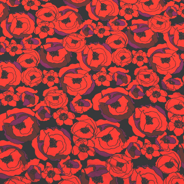 Red Black Poppy Floral Print Viscose Apparel Fabric