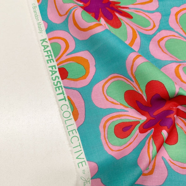 Funky Flora Brandon Mably for Kaffe Fassett Aqua Fabric, Free Spirit Fabrics