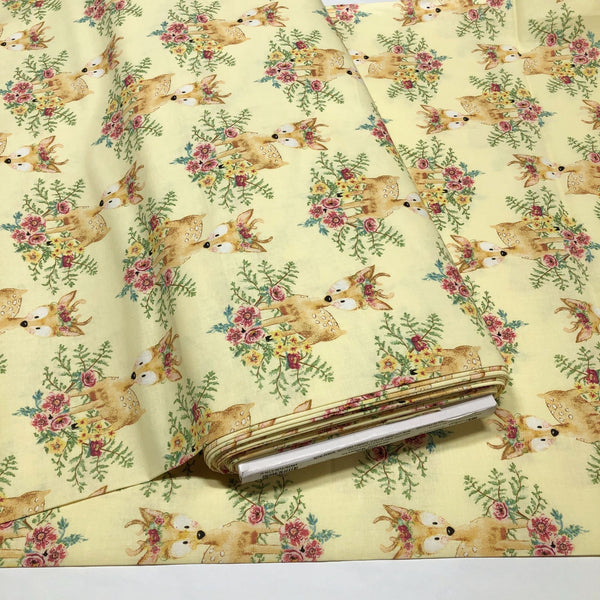 3 Wishes Forest Friends Deer Floral Yellow Pink Cotton Fabric