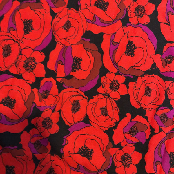 Red Black Poppy Floral Print Viscose Apparel Fabric