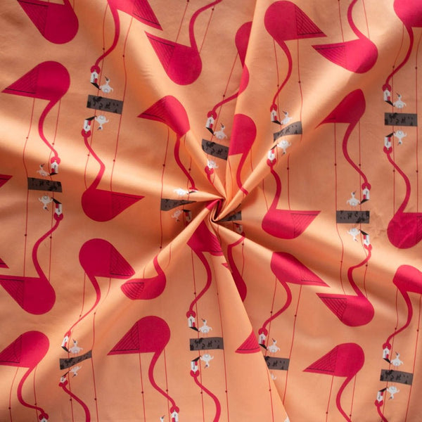 Think Pink Mom & Baby Flamingos CH-283 Charley Harper Organic Cotton Poplin By Birch Fabrics