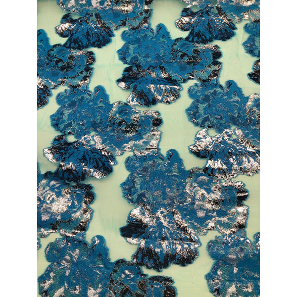 Ocean Blue Floral Fil Coupe Burnout Jacquard Organza Fabric Made In France