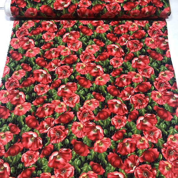 Bloomin Poppies Henry Glass Red on Black Cotton Fabric