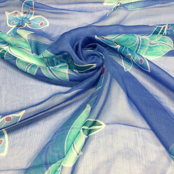 Periwinkle Floral Crinkle Silk Chiffon Fabric 55 Wide