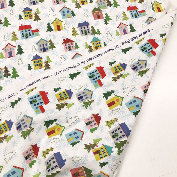 Better Not Pout Christmas Village White Benartex Cotton Fabric