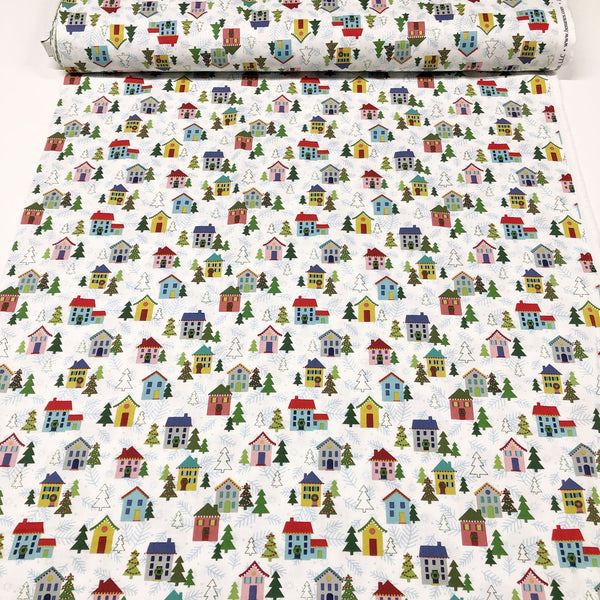 Better Not Pout Christmas Village White Benartex Cotton Fabric