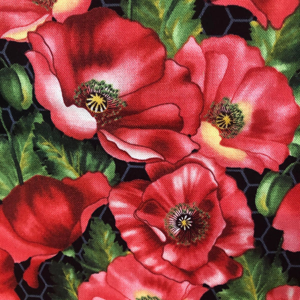 Bloomin Poppies Henry Glass Red on Black Cotton Fabric