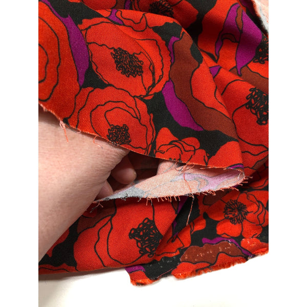 Red Black Poppy Floral Print Viscose Apparel Fabric