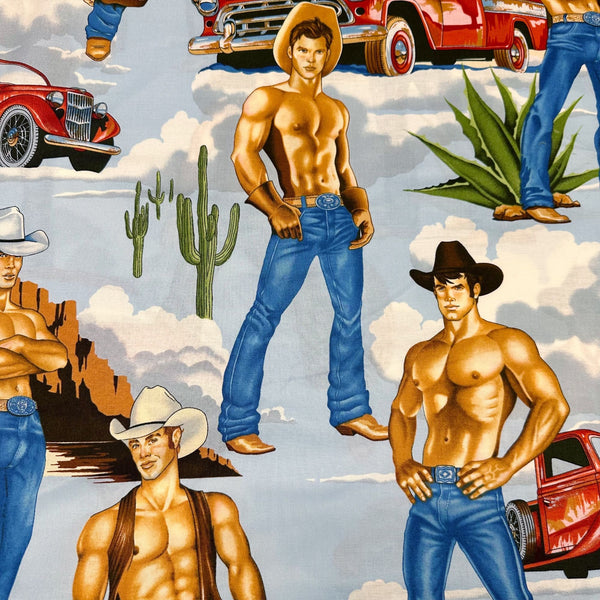 Alexander Henry Wranglers Sexy Pin Up Men Cotton Fabric in Bright