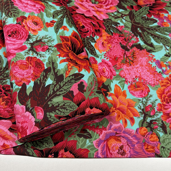 Floral Burst Phil Jacobs for Kaffe Fassett Maroon Cotton Fabric, Free Spirit Fabrics