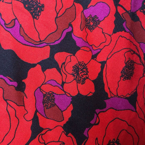 Red Black Poppy Floral Print Viscose Apparel Fabric