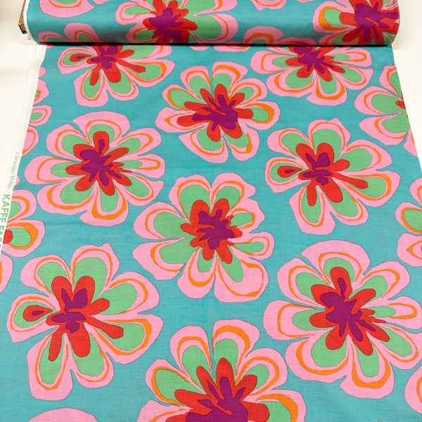 Funky Flora Brandon Mably for Kaffe Fassett Aqua Fabric, Free Spirit Fabrics