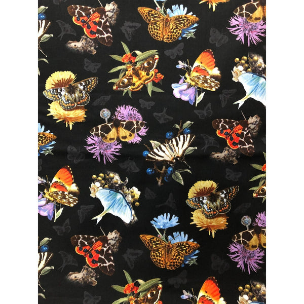 Elizabeth's Studio Butterflies Flowers Cotton Fabric on Black