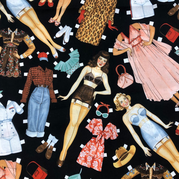 Alexander Henry Paper Pin-Ups Retro Dolls Cotton Fabric Black