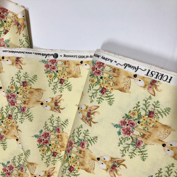 3 Wishes Forest Friends Deer Floral Yellow Pink Cotton Fabric