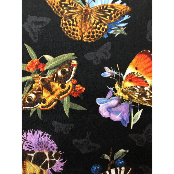 Elizabeth's Studio Butterflies Flowers Cotton Fabric on Black