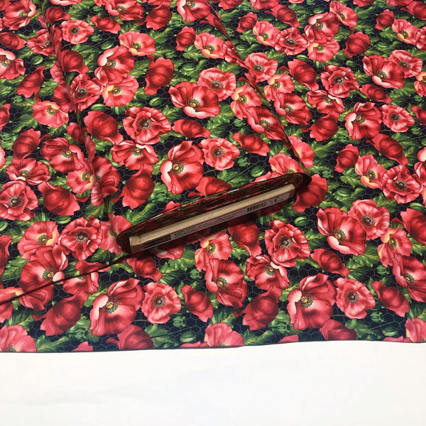 Bloomin Poppies Henry Glass Red on Black Cotton Fabric