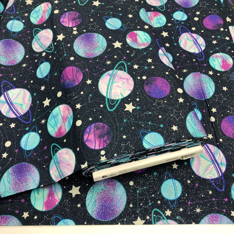 3 Wishes Starlight Planets & Stars Glittery Cotton Fabric