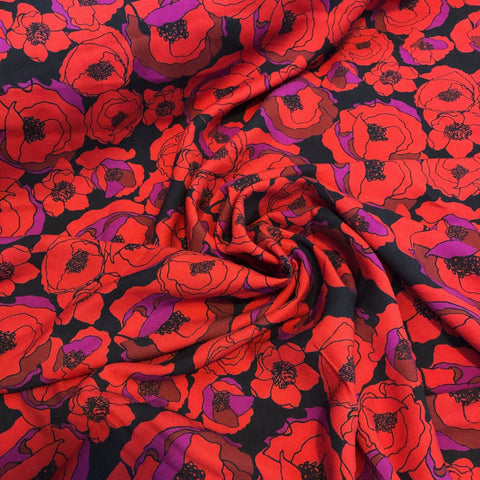 Red Black Poppy Floral Print Viscose Apparel Fabric