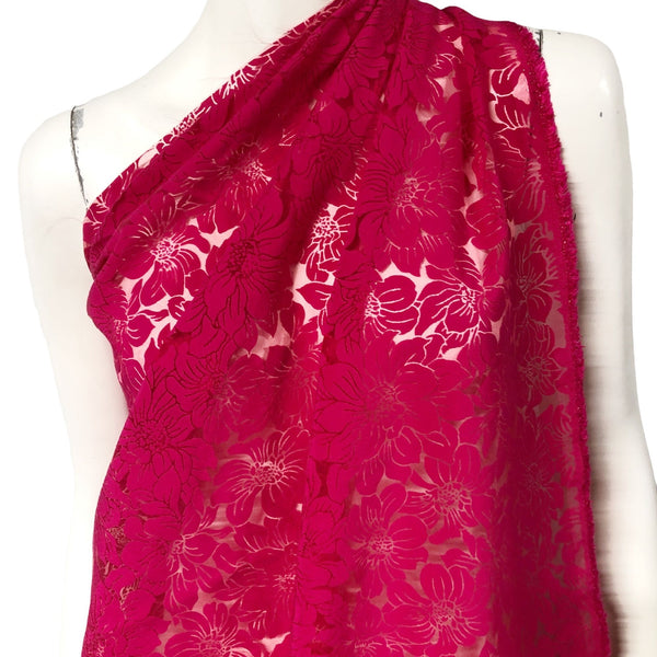 Hot Pink Polyamid Viscose Blend Floral Burnout Fabric, Italian Luxury Fashion House Deadstock