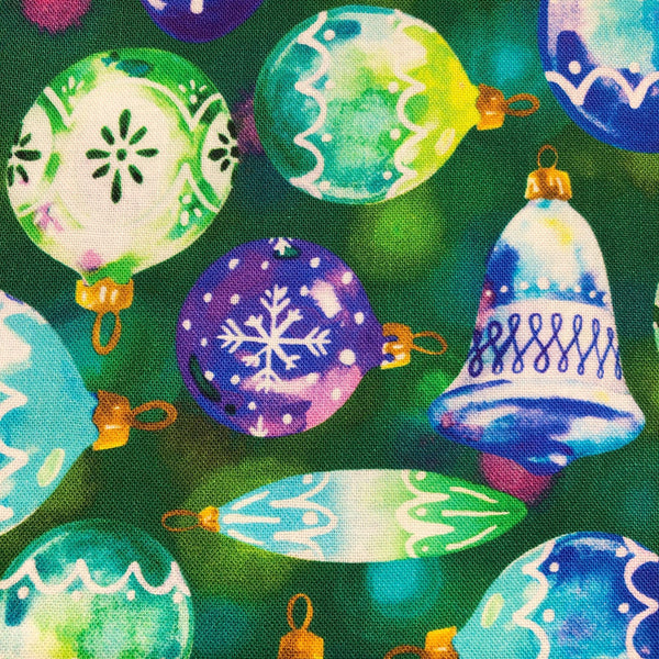 Robert Kaufman Christmas Tree Ornaments Green Blue Cotton Fabric