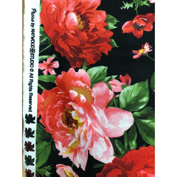 Maywood Studios Prose Red Pink Peonies Floral Cotton Fabric