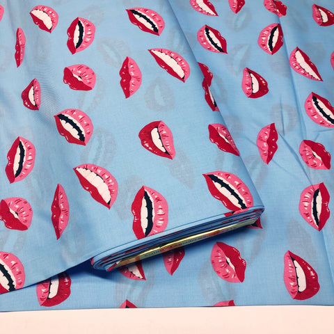 Alexander Henry Girl Talk Red Lips On Blue Cotton Fabric
