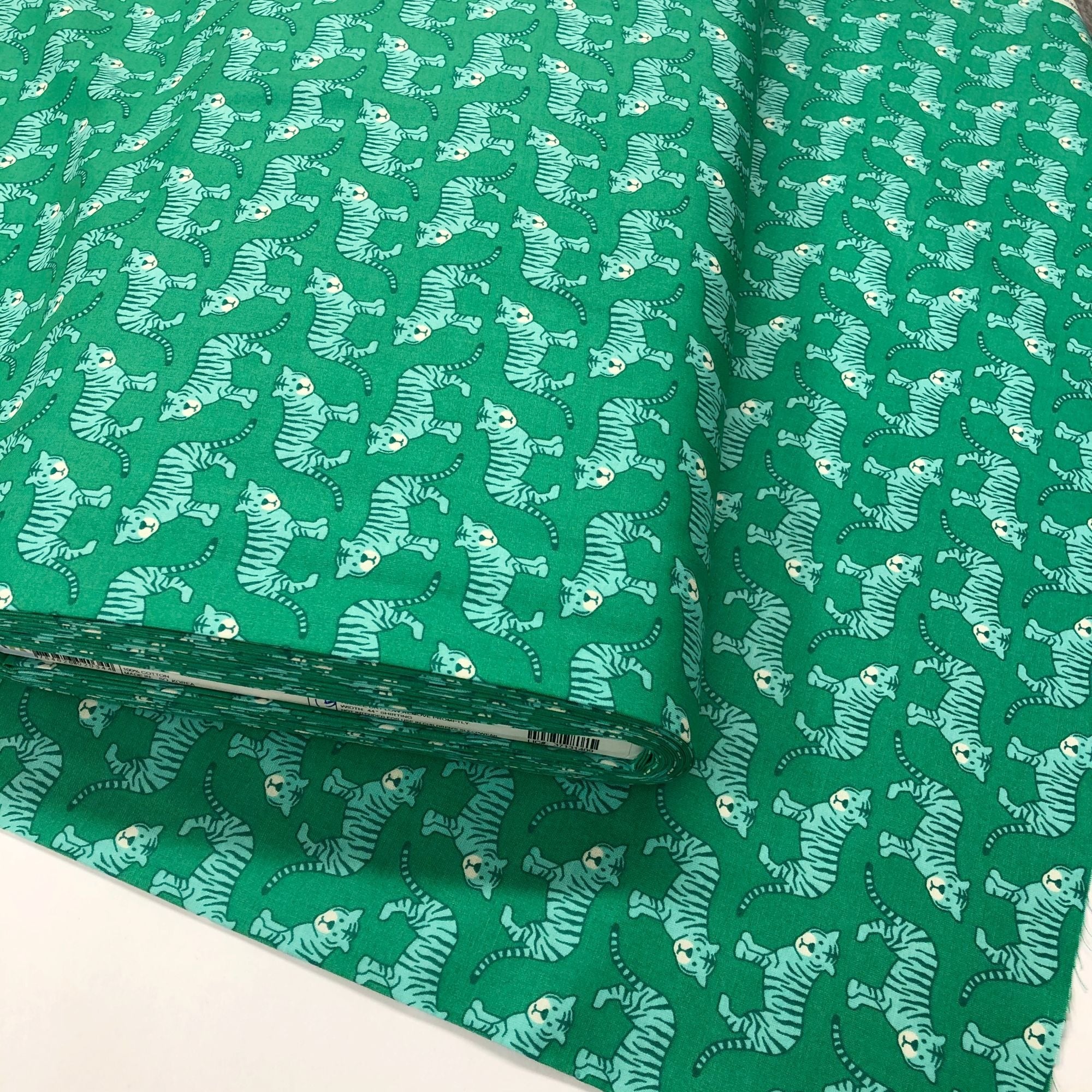 Robert Kaufman Library Tigers on Green Cotton Fabric