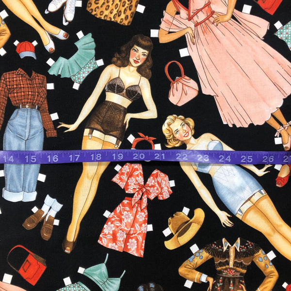 Alexander Henry Paper Pin-Ups Retro Dolls Cotton Fabric Black