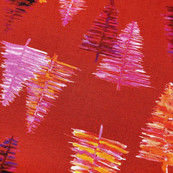 Robert Kaufman Red Pink Tossed Christmas Trees Cotton Fabric Glow Wishwell Collection