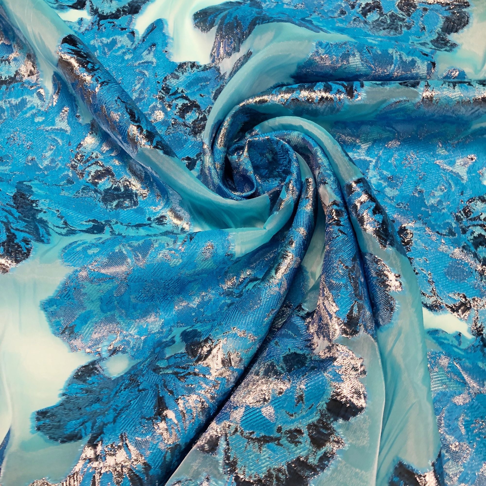 Ocean Blue Floral Fil Coupe Burnout Jacquard Organza Fabric Made