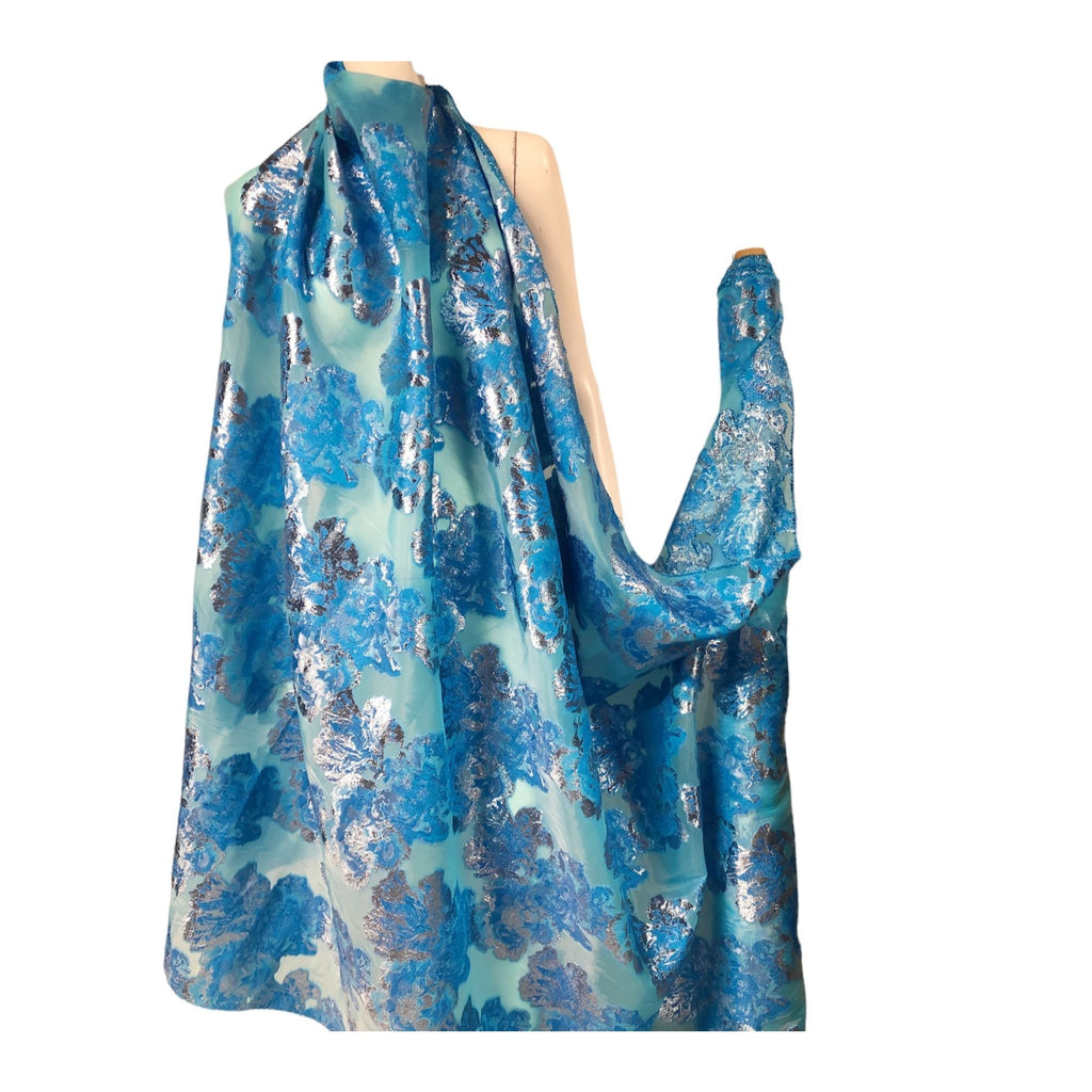 Ocean Blue Floral Fil Coupe Burnout Jacquard Organza Fabric Made