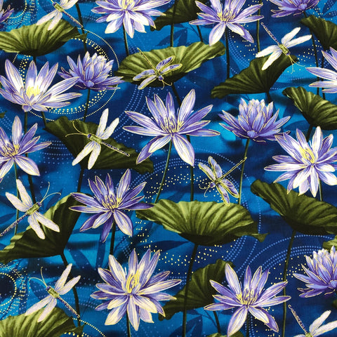 Benartex Dragonfly Dance Cotton Fabric by Kanvas 8499M Waterlily Pool Cobalt Blue