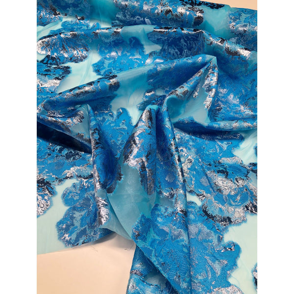 Ocean Blue Floral Fil Coupe Burnout Jacquard Organza Fabric Made In France