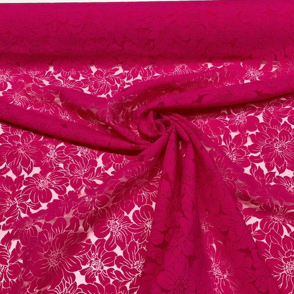 Hot Pink Polyamid Viscose Blend Floral Burnout Fabric, Italian Luxury Fashion House Deadstock