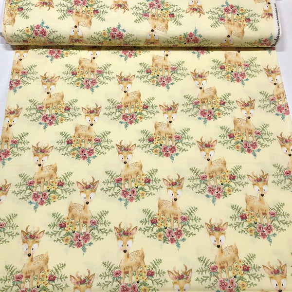 3 Wishes Forest Friends Deer Floral Yellow Pink Cotton Fabric