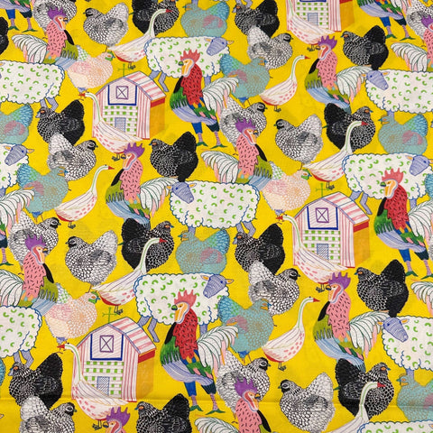 Alexander Henry Rainbow Roost Lemon Cotton Fabric, Roosters, Ducks, Farm Animals