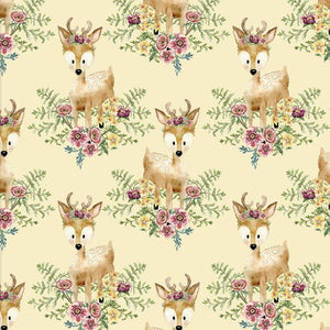 3 Wishes Forest Friends Deer Floral Yellow Pink Cotton Fabric