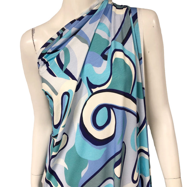 Blue Aqua Abstract Letter Printed Viscose Knit Fabric 4-way Stretch