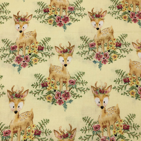 3 Wishes Forest Friends Deer Floral Yellow Pink Cotton Fabric