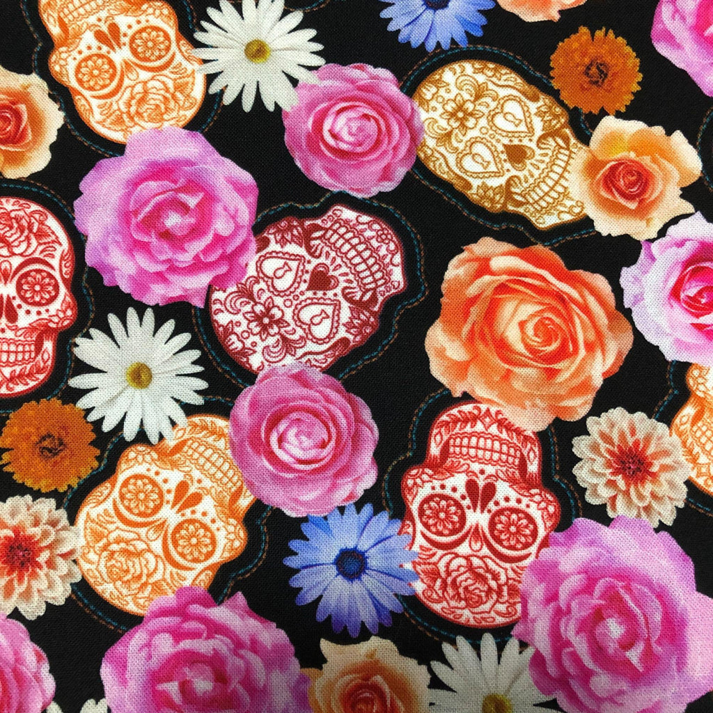 "BonEful" Cotton Quilt Fabric By Alexander Henry - Sugar Skull & Floral Print, Fat Quarter