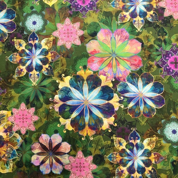 Robert Kaufman Venice Green Kaleidoscope Floral Cotton Fabric
